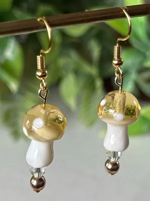 Handmade yellow mushroom + hematite drop earrings in gold thumbnail 3