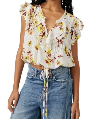 Free People White Floral Ruffle V-Neck Top with Yellow and Brown Print thumbnail 3