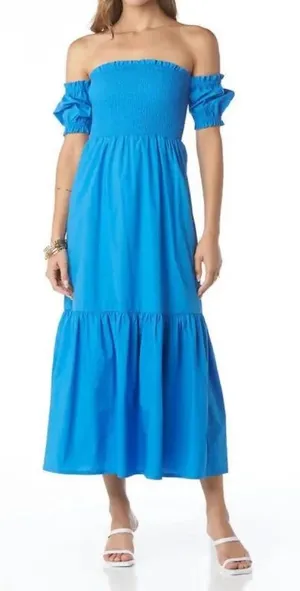 Tart Smocked Off Shoulder Blue Tiered Midi Dress Resort‎ Vacation Preppy thumbnail 1