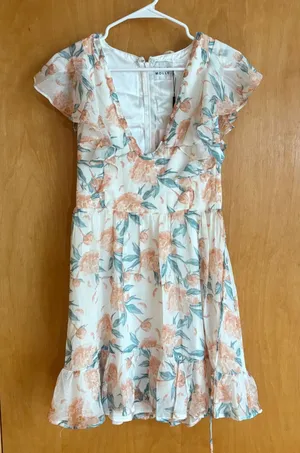 Hello Molly Floral Mini Dress Women Size 4 White Peach Ruffle Flutter Sleeve NEW thumbnail 1