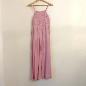 Old Navy Linen Blend‎ Jumpsuit Medium Cottagecore Smocked Wide Leg Ankle Pink thumbnail 6
