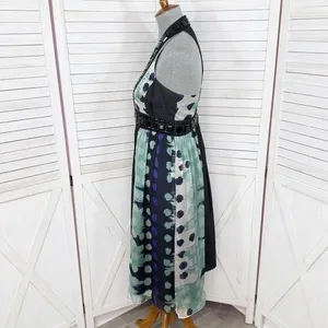 Zara Beaded Silk Pleated Multi Pattern Fit‎ Flare Halter Dress Black Teal Medium thumbnail 2