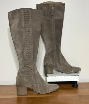 Franco Sarto Kearny Taupe Suede Tall Braided Block Heel Boots Womens Size 8M thumbnail 1