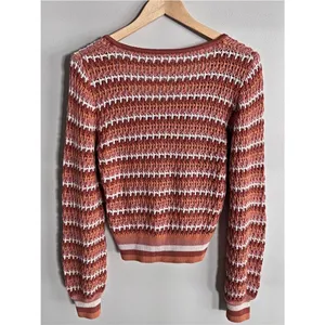 Boutique Boho Crochet Knit Sweater Large Rust Stripe Cotton V Neck thumbnail 5
