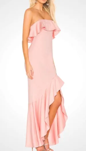 Lovers + Friends Chandler Pink Asymmetrical Strapless Slit Ruffle Gown S thumbnail 3