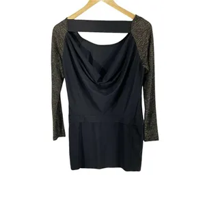 BCBGeneration Black Shift Dress Sz XXS Long Metallic Gold Sleeve Open‎ Back thumbnail 2