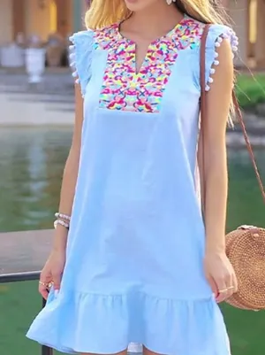 Kirundo Light Blue Embroidered Boho Flutter Sleeve Ruffle Mini Dress S thumbnail 1