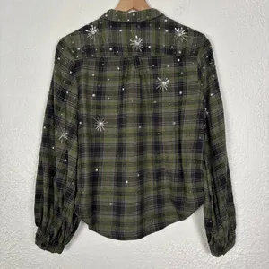 Pilcro Anthropologie Embroidered Sequin Plaid Flannel Shirt Size Small thumbnail 4