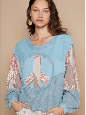 POL Peace and Love Long Sleeve Peace Emblem Terry Top thumbnail 1