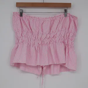 Shein Pink White Striped Smocked Tube Top Lace Up Back Peplum XL thumbnail 2