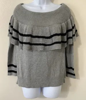 Very J Ruffle Top Knit Comfy Cozy Cozycore Grey Striped‎ Knitted Sweater Large thumbnail 1