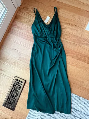 NWT Abercrombie & Fitch Satin Draped Wrap Midi Dress Emerald Green Small Petite thumbnail 8