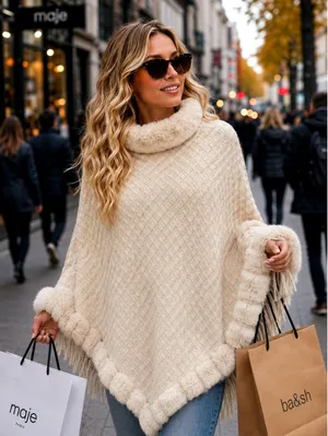 Elegant Fur Trim Hanky Hem Pullover Sweater Cape - Apricot - size M (8/10) thumbnail 1