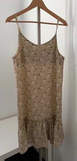 Beige Floral Slip Dress with Ruffle Hem thumbnail 1