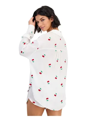 Miken Womens Cherry Embroidered Button-Down Swim Shirt I2992PUXH White Multi M thumbnail 9
