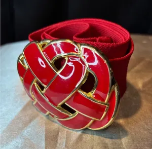 Vintage Day-Lor Red Elastic Cinch Belt Gold Enamel Woven Knot Buckle Made in USA thumbnail 1