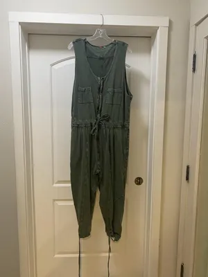 Free People Jumpsuit Womens Medium Green Sleeveless Utility Drawstring Pockets thumbnail 2