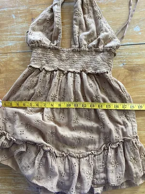 Aerie Spring Fling Cotton Smocked Crossover Halter Eyelet Mini Brown Dress XS thumbnail 6