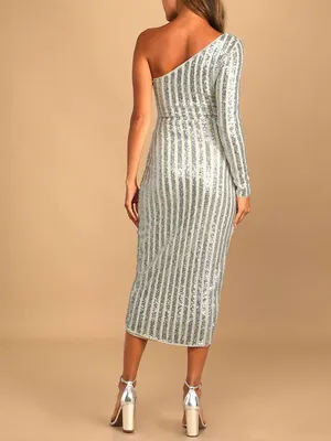 Lulus NWT Silver Sequin Elegant Occasion One-Shoulder Tulip Hem Midi Dress XSS thumbnail 5