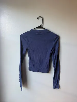 American Eagle Women’s Small Navy Blue Ribbed Long Sleeve Top thumbnail 6