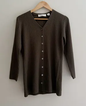 100% Wool Brown Long Ribbed Vintage Cardigan Knit Sweater Small thumbnail 1