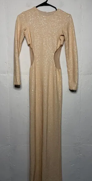 Dress the Population Lara Sequin Cutout Maxi Dress Womens XS Tan Cream thumbnail 1