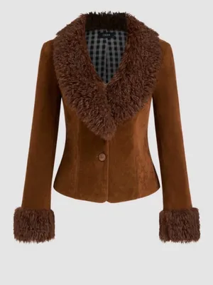 CIDER Brown Faux Suede Penny Lane Jacket - Size Large (EUC, Detachable Fur) thumbnail 2