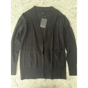 Womens Black Open‎ Front Cardigan Sweater Ribbed Trim Pockets Minimalist Small thumbnail 3