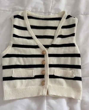 Shein Black And White Striped Button Sweater thumbnail 1