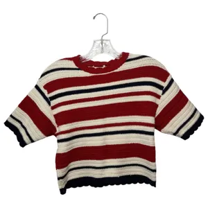 Red White Blue Striped Crochet Knit Crop Sweater Top Nautical Coastal Size Small thumbnail 2