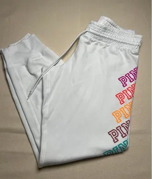 Victoria's Secret PINK White Everyday Lounge Casual Jogger Rainbow Logo Size M thumbnail 1
