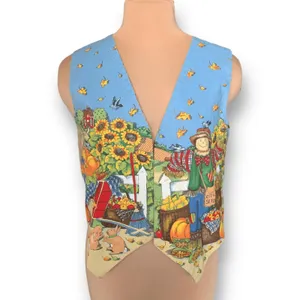Vintage Handmade Reversible Vest Autumn Pumpkin‎ Scarecrow Farmhouse Blue Orange thumbnail 6
