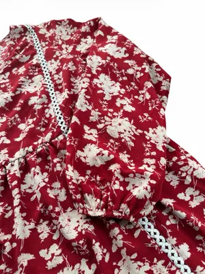 Dokotoo Women Size XL Red Floral Long Sleeve V-Neck Crochet Trim Babydoll Dress thumbnail 3