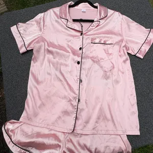 Pink Satin Pajama Set with Black Piping - Short Sleeve Top and Shorts thumbnail 1