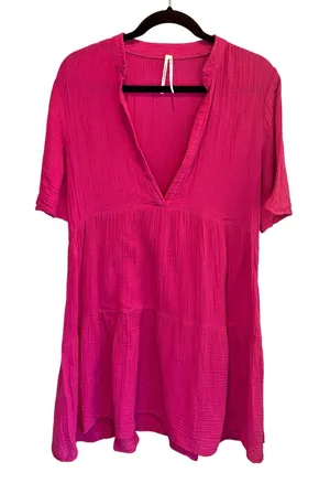 By Anthropologie Pink Gauze Cotton Short Sleeve Tiered Mini Dress - size Small thumbnail 1