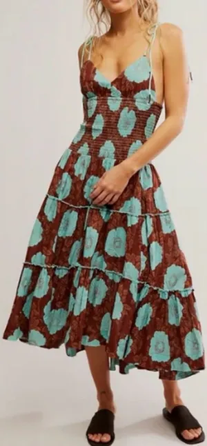 NEW Free People adriel floral print knee length cami dress in nutmeg sz M thumbnail 1