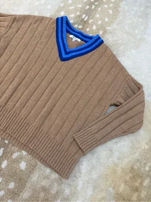 Madewell Tipped V-Neck Oversized Wool Blend Sweater XS Heather Caramel Blue thumbnail 7