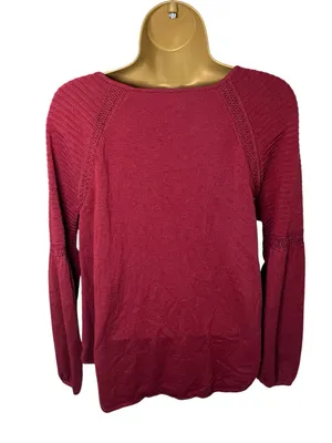 LOFT Boho Knit Top Tie Neck Ribbed Crochet Trim Burgundy M thumbnail 5