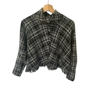 Zara Tweed Plaid Cropped Turtleneck Small Fringe Baggy Oversized Minimalist thumbnail 2