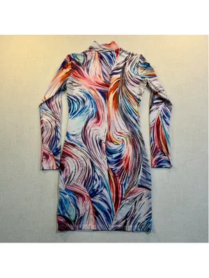 Women’s M Abstract Swirl Print Mock Neck Long Sleeve Mini Dress thumbnail 6