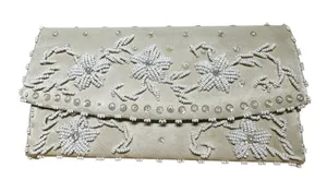Vintage Jay Dee Clutch 80s Hand Made Beaded Embellished Flowers Zip Pocket Ivory thumbnail 1