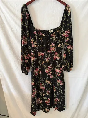 Forever 21 Black Floral Long-Sleeve Midi Dress with Pink Roses thumbnail 4