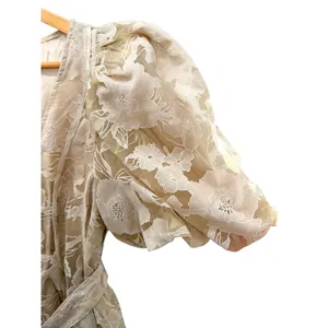 Savannah Taylor Floral Organza Puff Sleeve Belted Mini Dress Cream M Fairy Girly thumbnail 2