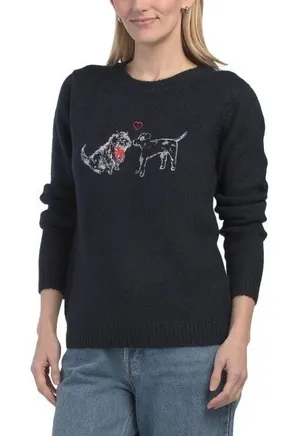 Cupcakes and Cashmere Navy Blue Dog Puppy Love Heart Embroidered Knit Sweater L thumbnail 1