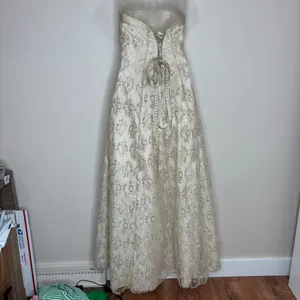 Jump vintage Y2K Gown Maxi Dress Back Lace up Floral Lace Ivory gold size 7/8 thumbnail 3