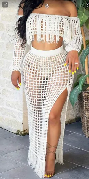 2pcs/Set Fashionable Summer Beach Hollow-Out Sexy Mesh Tassel Sheer Skirt, Women White Skirt For Spring/Summer Elegant thumbnail 1