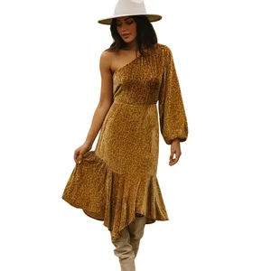 Molly Green Zion Burnout Velvet Dress L Gold Brown Floral One Shoulder Glam Boho thumbnail 4