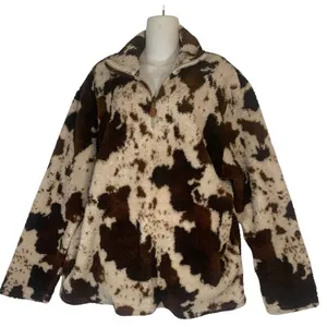 Brown Cow Print Sherpa Quarter Zip Pockets Ladies Sz XL Jacket thumbnail 1