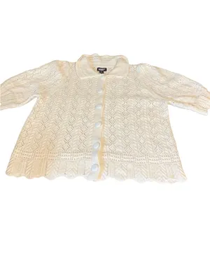 Lands' End Pointelle Knit Cotton Blend White Puffed Sleeve Cardigan (Xl) thumbnail 8