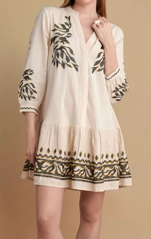 Cream Embroidered V-Neck Mini Dress with Black & Gold Motifs thumbnail 1
